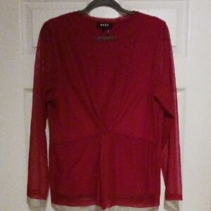 Red Mock Wrap-Style Blouse with Long Sleeves
